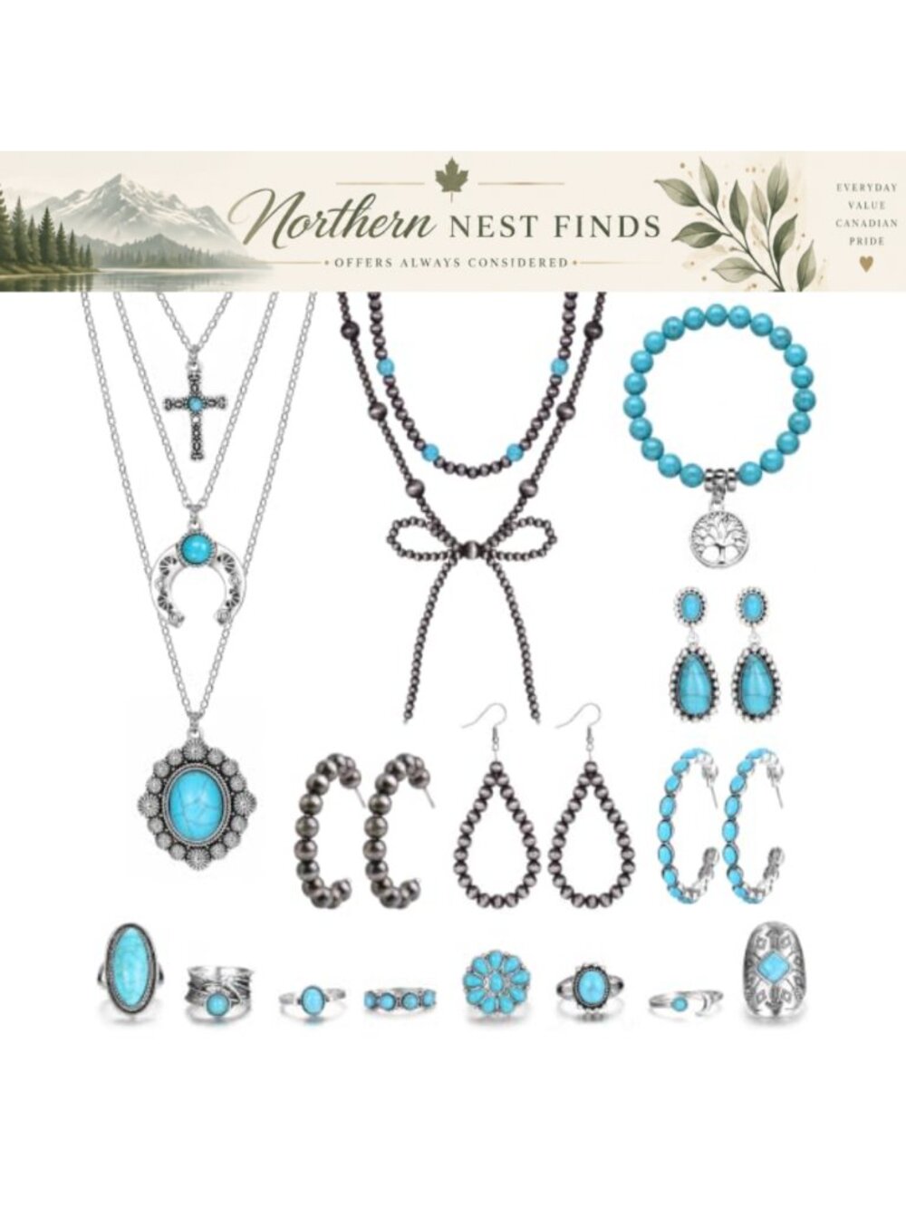 4Pc Created Turquoise Jewelry Set Necklace Earrings Belt Bracelet Rings Boho